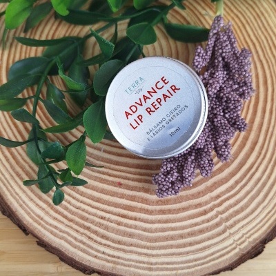 Bálsamo labial Terra Advance Lip Repair em pote branco sobre base de madeira com folhas e flor