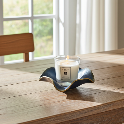 Vela em copo de vidro com suporte azul ondulado sobre mesa de madeira