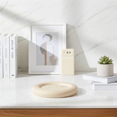 Vaso com planta, quadro, livros e prato decorativo sobre prateleira branca