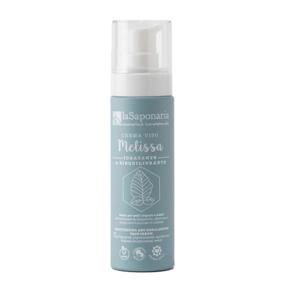 Frasco azul claro de creme de rosto Melissa da laSaponaria com tampa branca