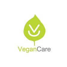 Logótipo vegan com folha verde e texto VeganCare