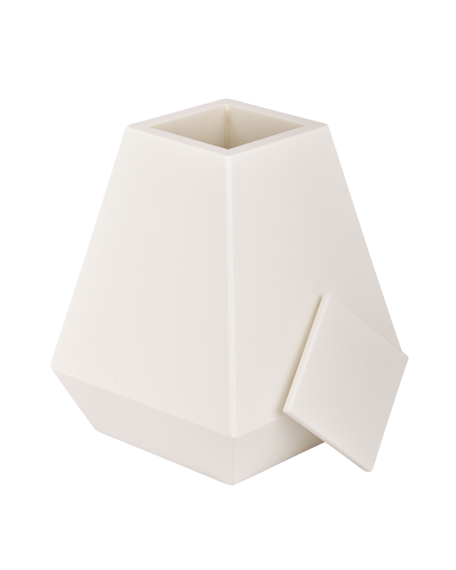 Urna para cinzas - AP002 Recipiente branco geométrico de plástico com tampa ao lado