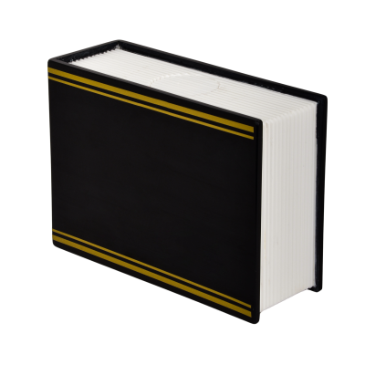 Filtro de ar retangular preto com faixas amarelas e corpo branco ondulado