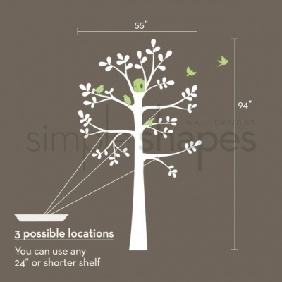 Decoração mural em forma de árvore com pássaros verdes e medidas indicadas