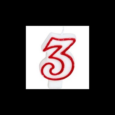 Vela de aniversário número 3 branca com contorno vermelho