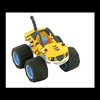 Carro de brinquedo amarelo com padrão de tigre e rodas grandes