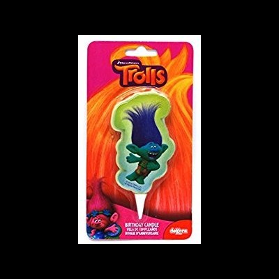 Vela de aniversário com figura de um troll azul em embalagem rosa e laranja com texto Trolls