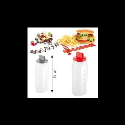 Duas garrafas plásticas brancas com tampas coloridas e imagens de comida rápida com garfos vermelhos