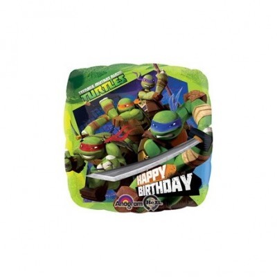 Balão quadrado metálico com tema Tortugas Ninjas e texto Happy Birthday