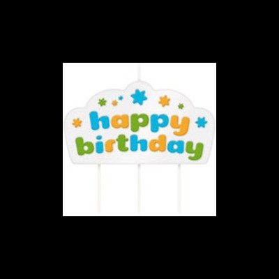 Vela de aniversário em forma de placa com 'happy birthday' colorido