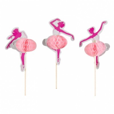 Três pick decorativos de bailarinas cor-de-rosa com saias de papel