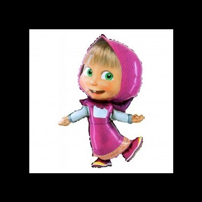 Balão metalizado da personagem Masha com capuz rosa e vestido roxo
