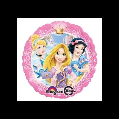 Balão redondo rosa com princesas Disney e coroa