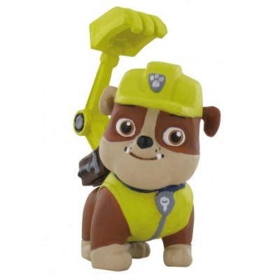Figura de cão com capacete amarelo e pá amarela