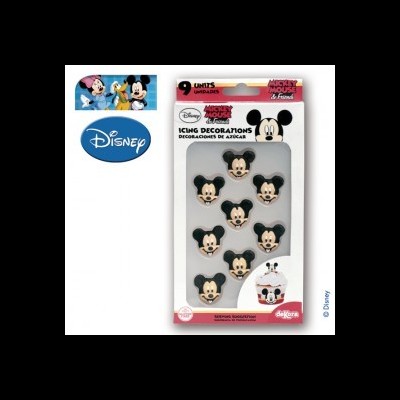 Decorações de açúcar Mickey Mouse em embalagem transparente com fundo branco.