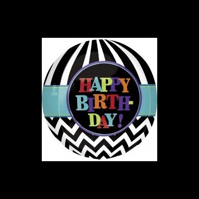 Balão decorativo redondo com padrão ziguezague e texto Happy Birthday