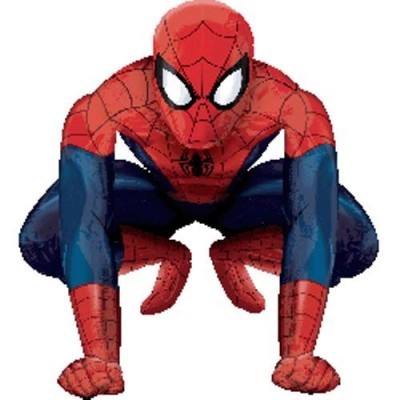 Imagem pixelada do Homem-Aranha em fato vermelho e azul com padrão de teia preta