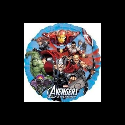 Balão redondo com imagem dos Avengers Marvel e texto 'AVENGERS ASSEMBLE'