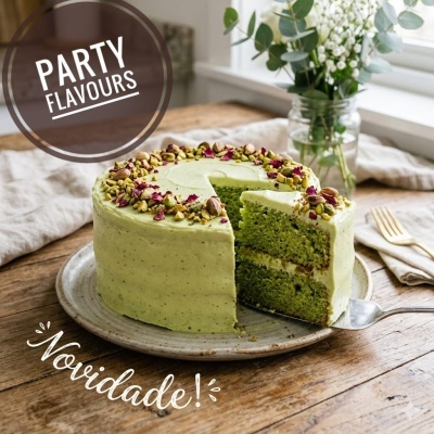 Bolo de festa verde com pistáchios e pétalas secas na mesa