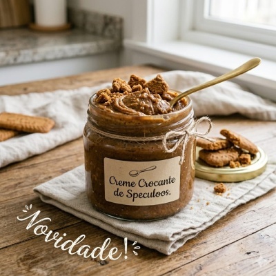 Frasco de creme de speculoos crocante com colher numa mesa de madeira