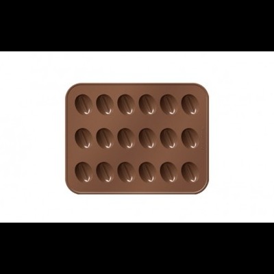 Forma de silicone marrom com 18 cavidades ovais sobre fundo branco