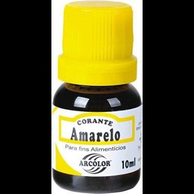 Frasco de corante alimentar amarelo de 10 ml com tampa amarela.