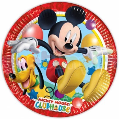 Prato vermelho com imagem do Mickey Mouse e Pluto com balões e estrelas, texto MICKEY MOUSE CLUBHOUSE