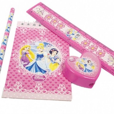 Conjunto escolar rosa com princesas da Disney e flores