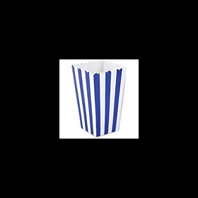 Caixa de pipocas azul e branca com riscas verticais