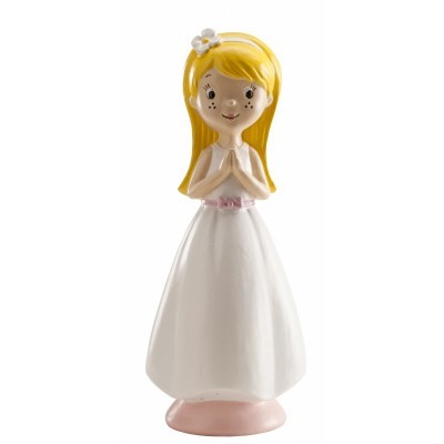 Figura decorativa de menina com vestido branco e cabelo amarelo em cerâmica