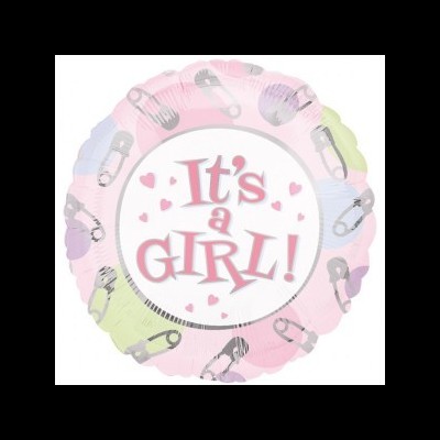 Balão redondo colorido com texto 'It's a GIRL!' e alfinetes de segurança desenhados