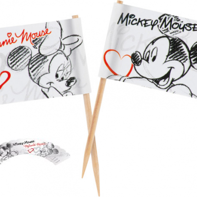 Palhinhas de madeira com bandeiras de papel Minnie Mouse e Mickey Mouse