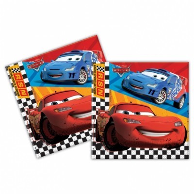 Guardanapos de papel com estampado dos carros do filme Cars em fundo colorido e padrão xadrez