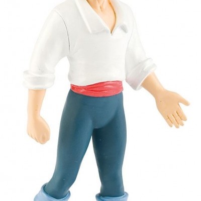 Figura de brinquedo masculinoa com camisa branca, calças azuis e botas pretas
