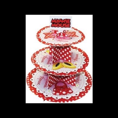 Suporte para doces de três andares com tema Minnie Mouse, vermelho com bolinhas brancas