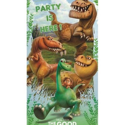 Toalha com personagens do filme The Good Dinosaur e texto PARTY IS HERE!