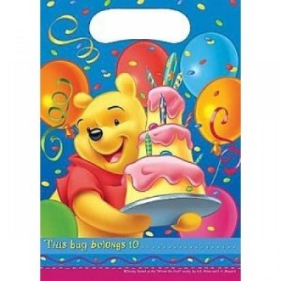 Saco plástico colorido com Ursinho Pooh e bolo de aniversário