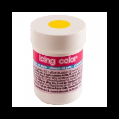 Frasco branco com tampa contendo pasta de corante para glacê com etiqueta colorida