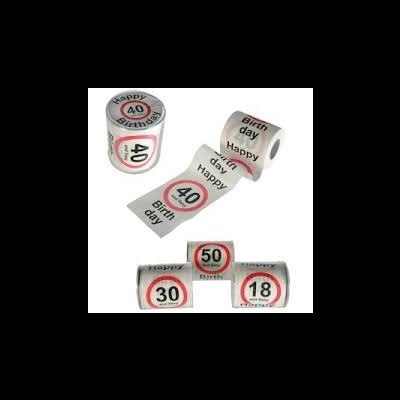 Rolos de papel higiénico branco com mensagens e números de aniversário impressos em vermelho e preto