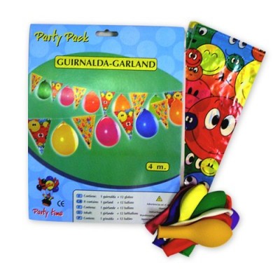 Guirnalda colorida com balões em embalagem azul com texto 'GUIRNALDA-GARLAND'.