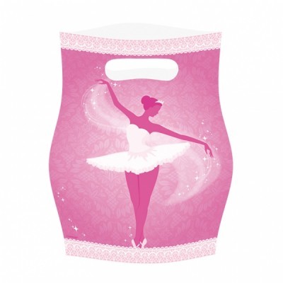 Sacola plástica rosa com desenho de bailarina e detalhes em renda