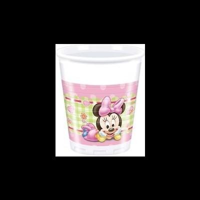 Copo plástico branco com decoração de Minnie Mouse e padrões cor-de-rosa e verde