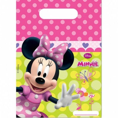 Saco plástico rosa com bolinhas brancas e estampa da Minnie da Disney, fundo verde com flores e borboleta.