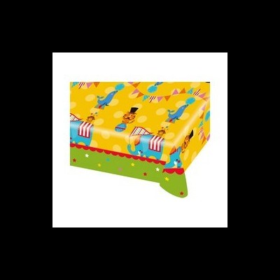 Toalha de mesa de plástico com padrão colorido de circo