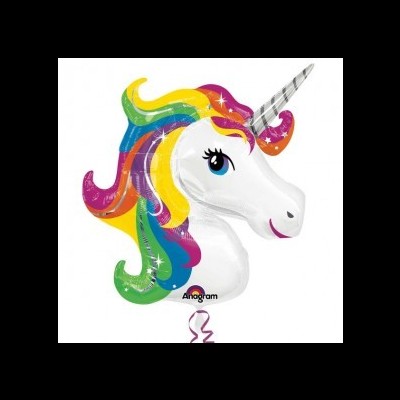 Balão cabeça de unicórnio colorido com chifres cinza listrados