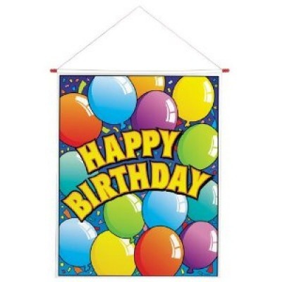 Pendurador de parede colorido com balões e texto Happy Birthday