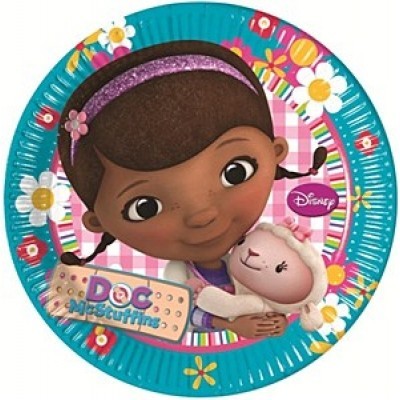 Prato de papel azul com personagem Doc McStuffins e decoração floral