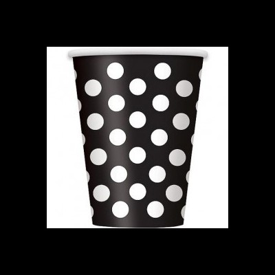 Copo de papel preto com bolinhas brancas