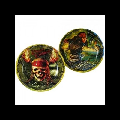 Dois pratos de papel com desenhos de piratas, cores verde, vermelho e amarelo