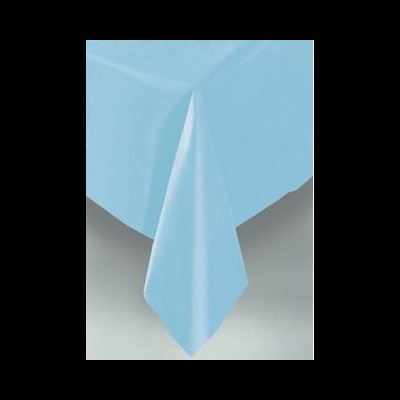 Toalha de mesa azul claro de material plástico liso sobre mesa